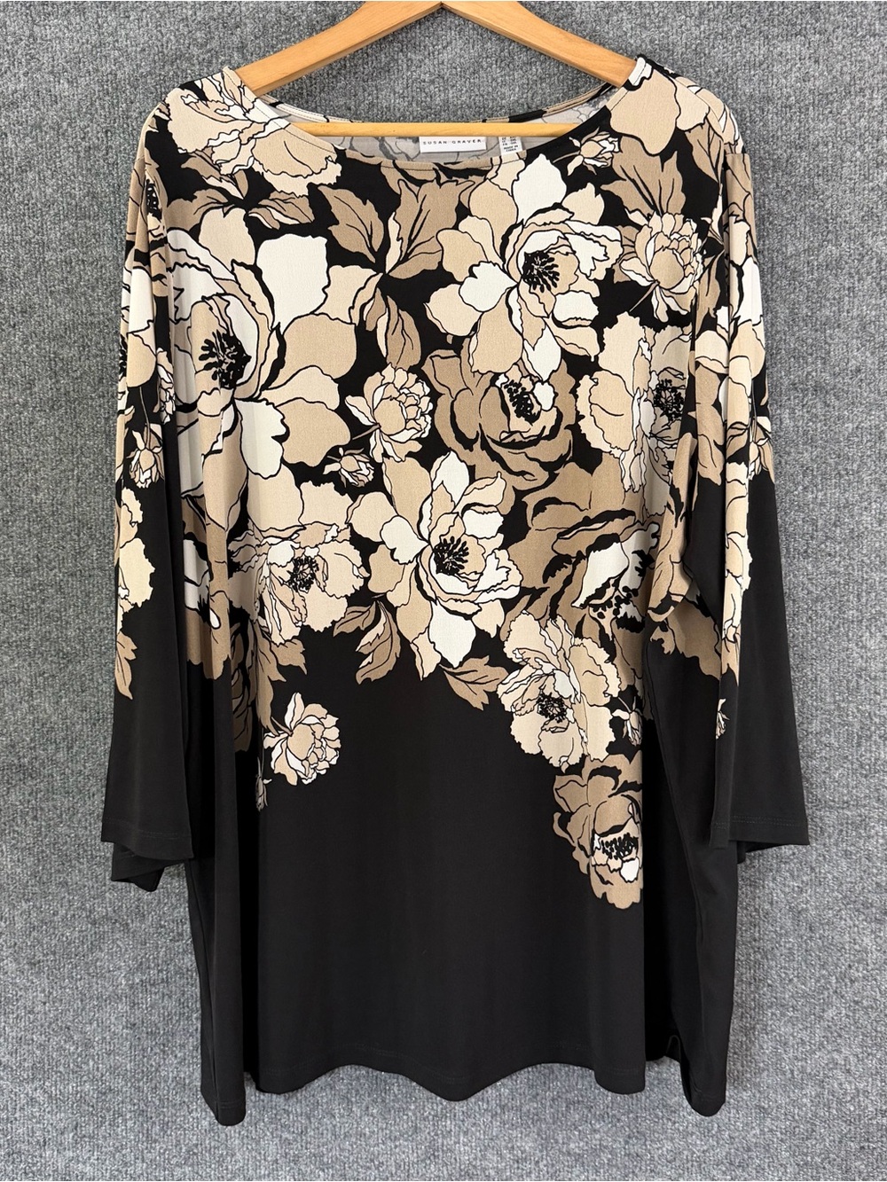 Susan Graver Liquid Knit Top Womens 2X Black Tan Floral Border 3/4 Sleeve Tunic